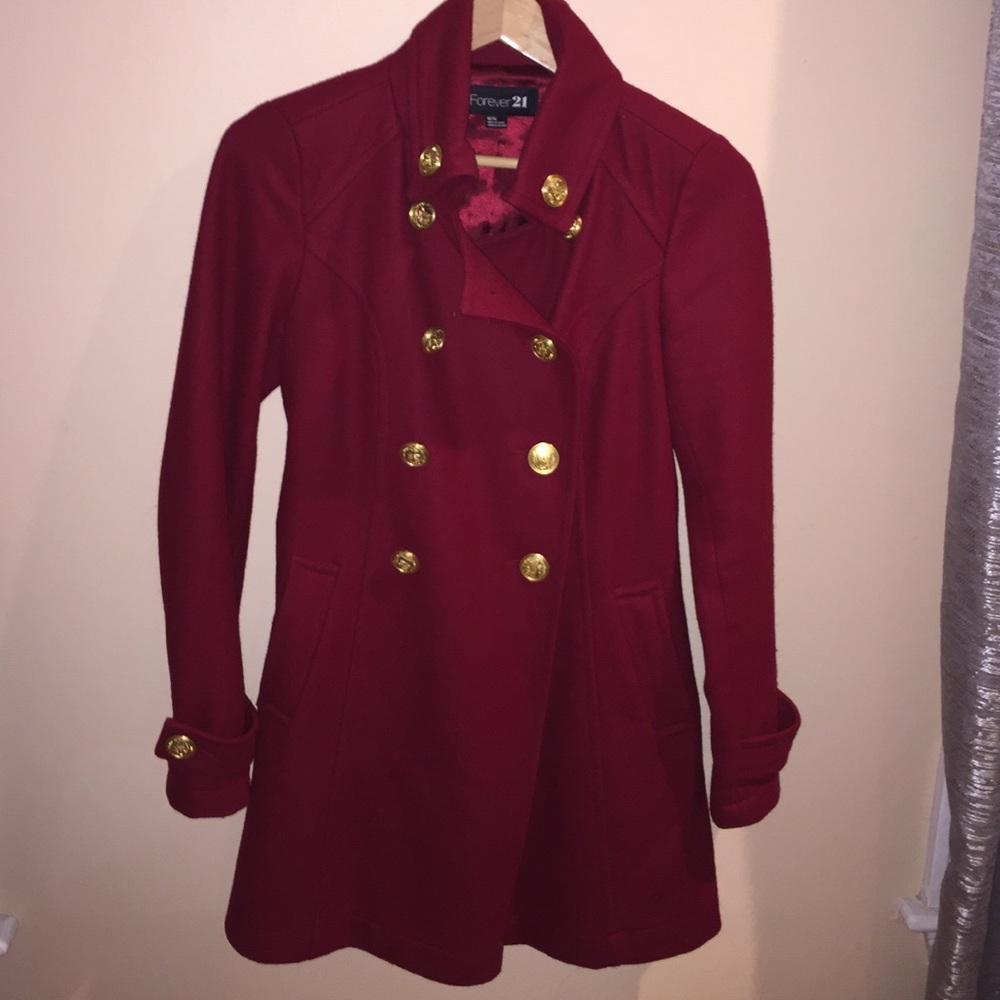 Red double-breasted  pea coat with gold buttons
